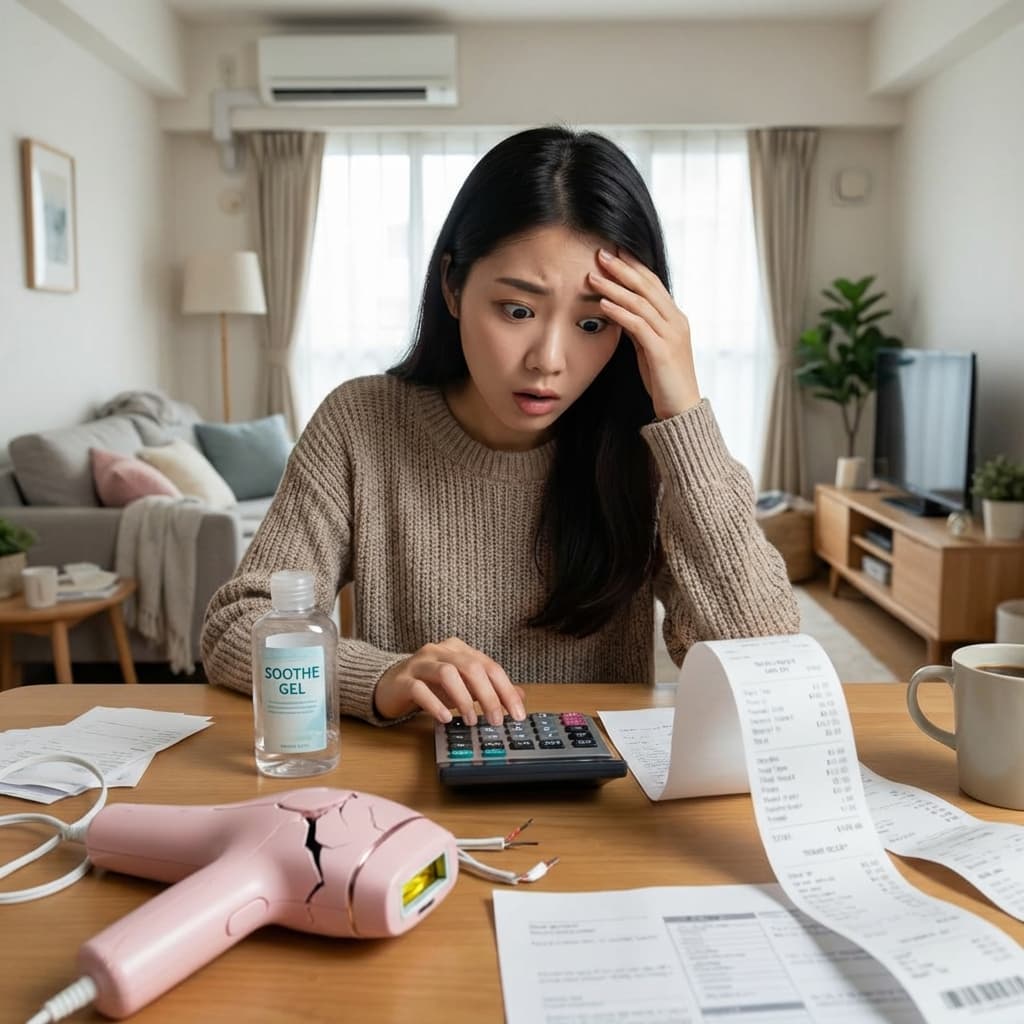 Shocked woman with calculator and broken hair removal device