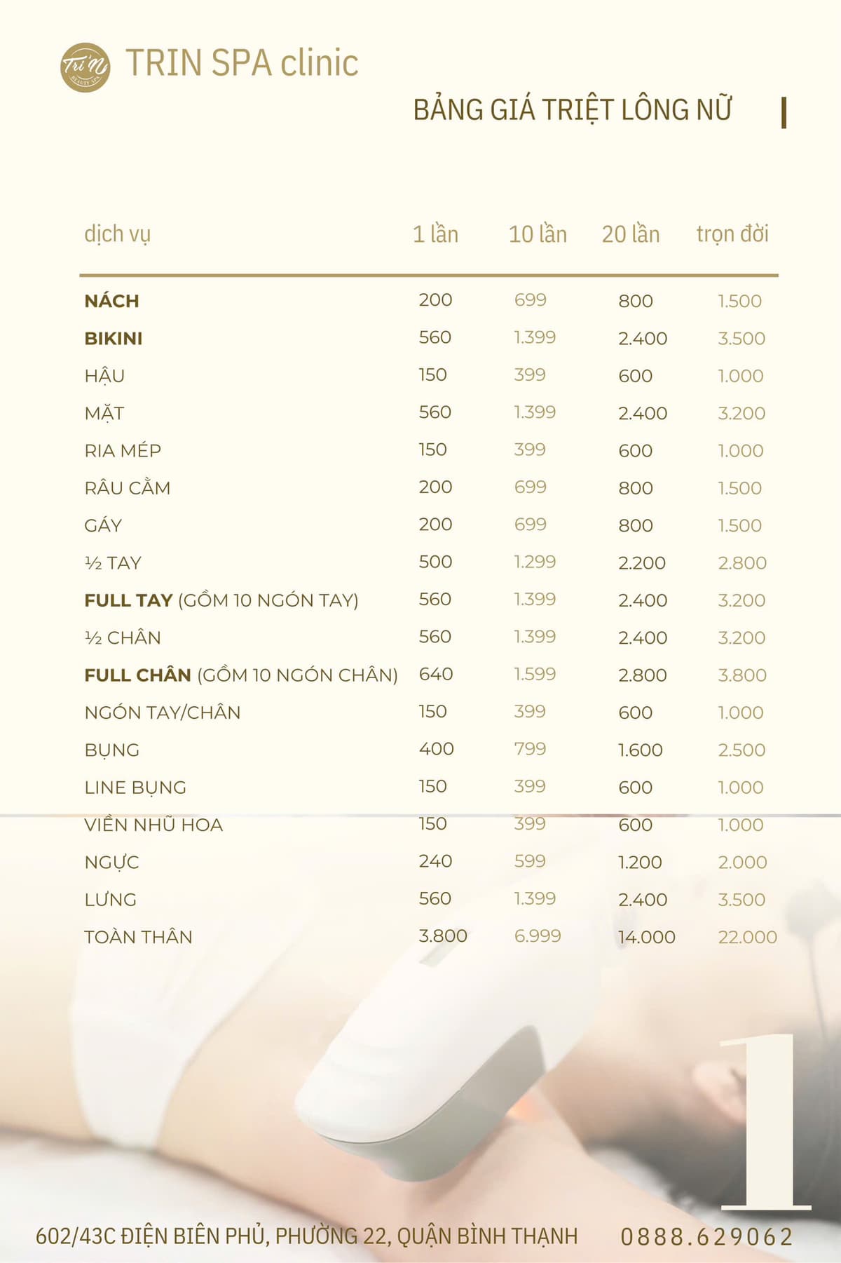 Bảng giá triệt lông tại TriN Spa